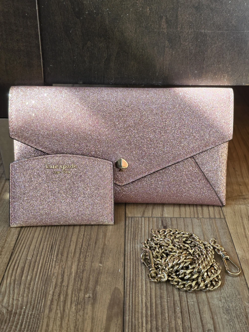 kate spade Pink Glitter Chain Clutch + Card Holder